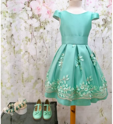 Vestido mikado tul bordado verde