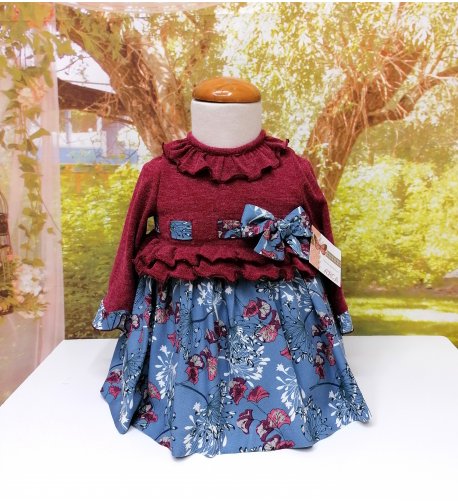 Vestido bebé punto granate estampado flores azul