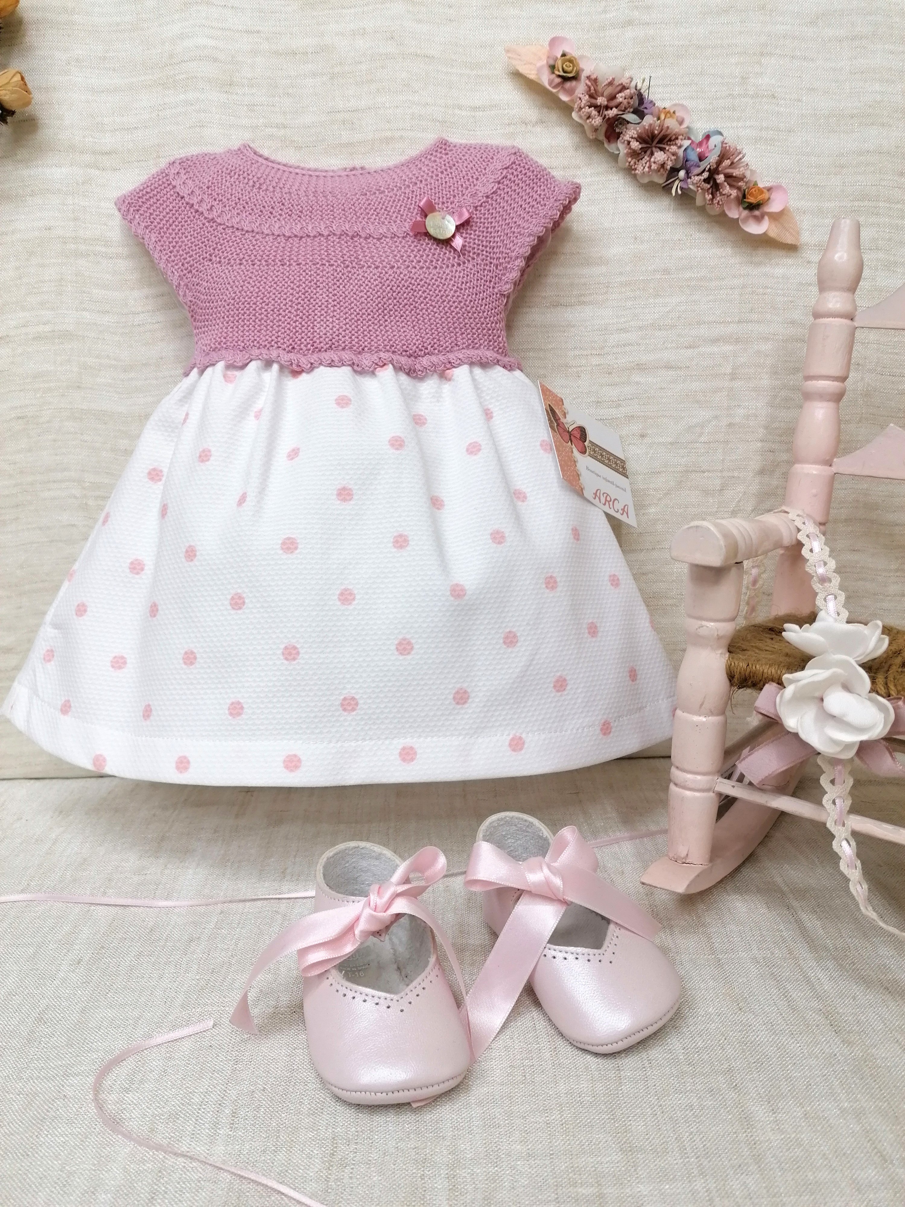 Vestido cuerpo punto faldar topos rosa - Arca Boutique Infantil-Juvenil