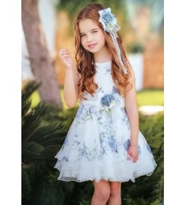 Vestido evasé tul flores azules