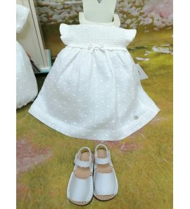 Vestido bebé perlé y lino bodoques marfil