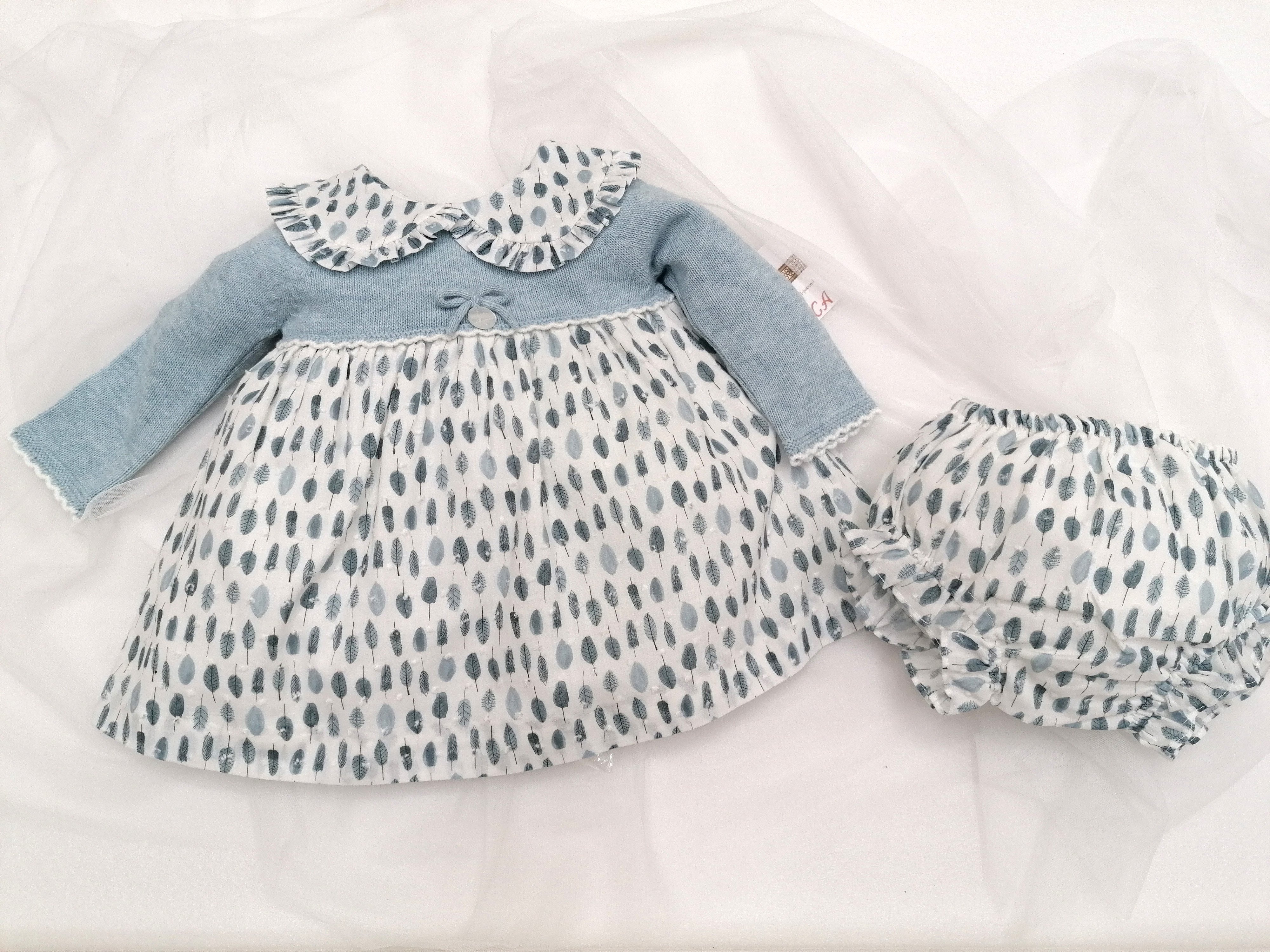 Vestido bebé lana azul con hojas+braguita Arca Boutique Infantil-Juvenil