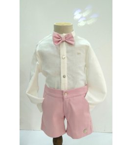 Conjunto camisa lino beige/pantalón corto rosa