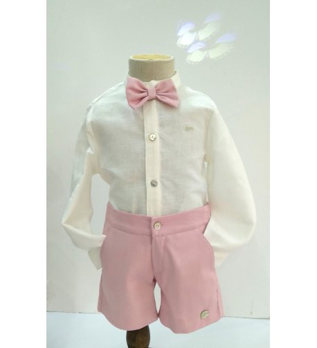 Conjunto camisa lino beige/pantalón corto rosa +pajarita