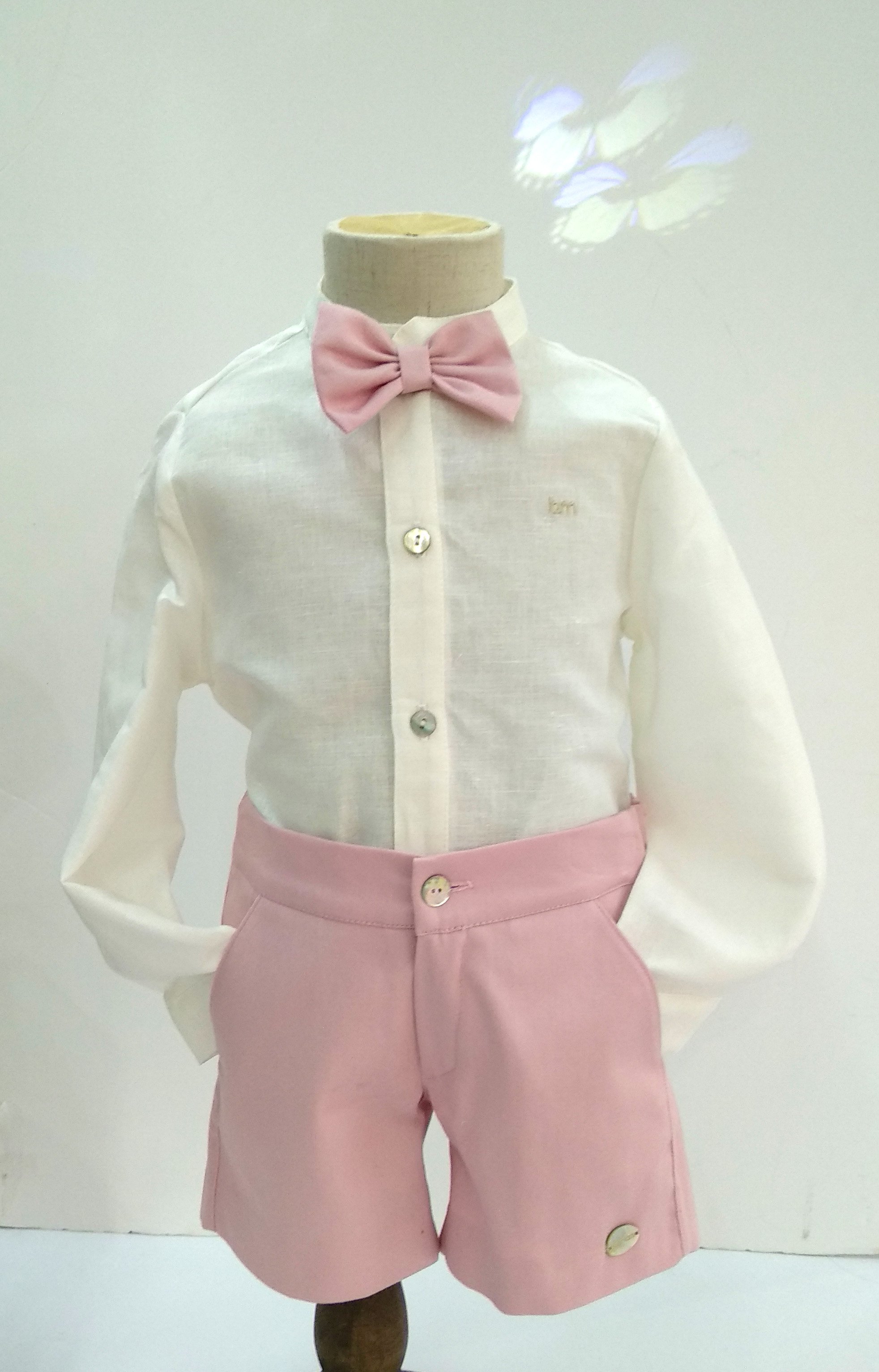 Conjunto camisa lino beige/pantalón rosa - Arca Boutique Infantil