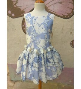 Vestido t.bajo flores organza azul azafata