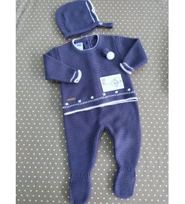 Conjunto bebé 3p lana azul oscuro/blanco